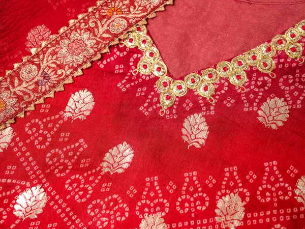 Red_Embroidered_Calf_Length_Festive_Kurti_and_Trousers_With_Dupatta