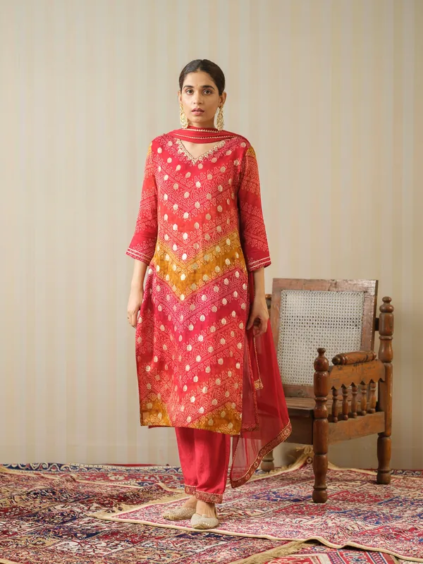 Red_Embroidered_Calf_Length_Festive_Kurti_and_Trousers_With_Dupatta