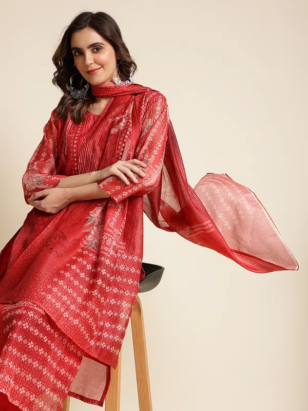 Red_Floral_Printed_Straight_Kurta_and_Trousers_With_Dupatta
