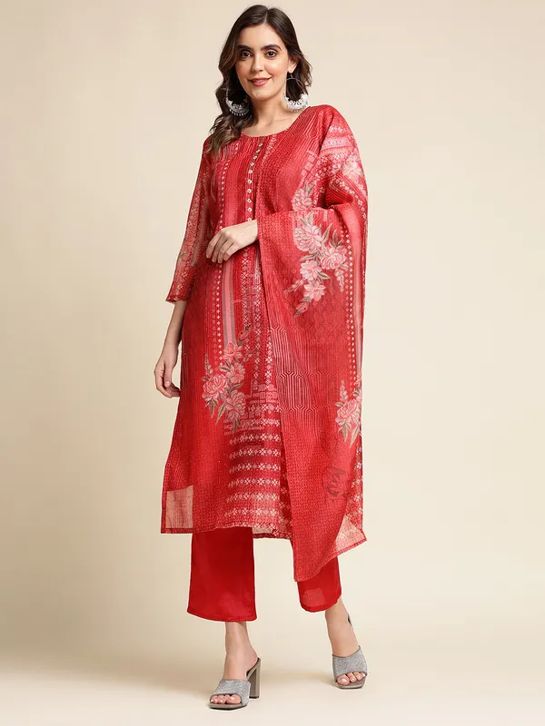 Red_Floral_Printed_Straight_Kurta_and_Trousers_With_Dupatta