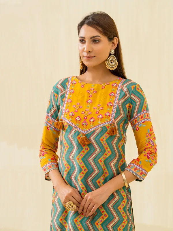 Yellow_Embroidered_Calf_Length_Festive_Kurti_and_Trousers