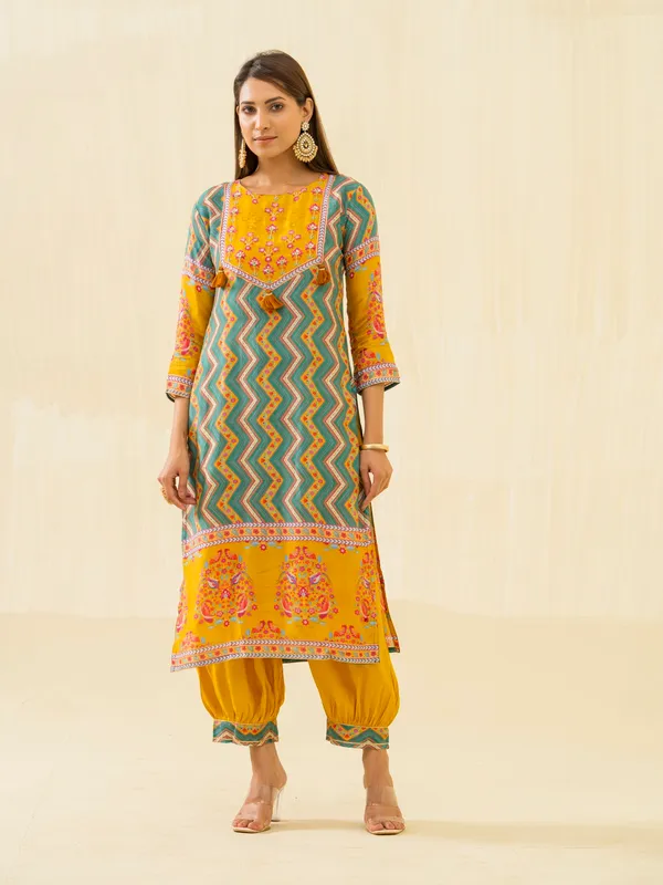Yellow_Embroidered_Calf_Length_Festive_Kurti_and_Trousers