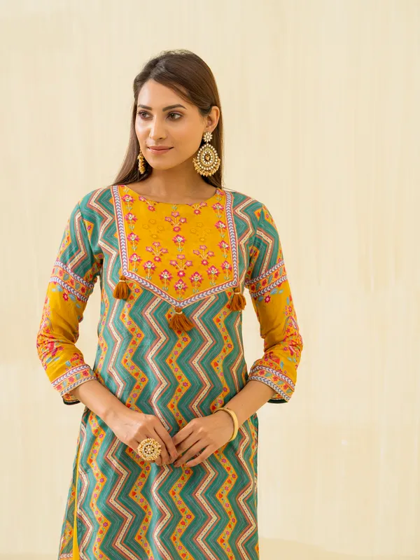 Yellow_Embroidered_Calf_Length_Festive_Kurti_and_Trousers