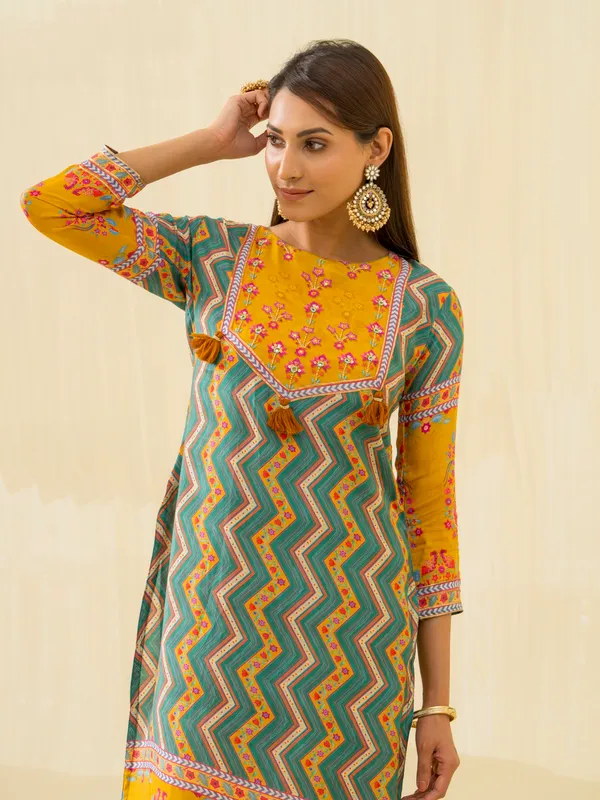 Yellow_Embroidered_Calf_Length_Festive_Kurti_and_Trousers