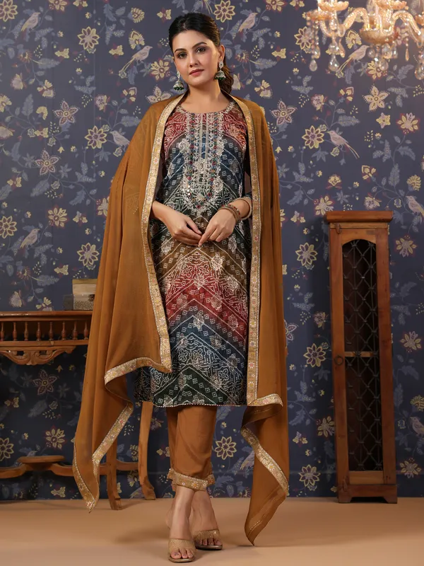 Women_Brown_&_Navy_Blue_Embroidered_Straight_Kurta_and_Palazzos_With_Dupatta