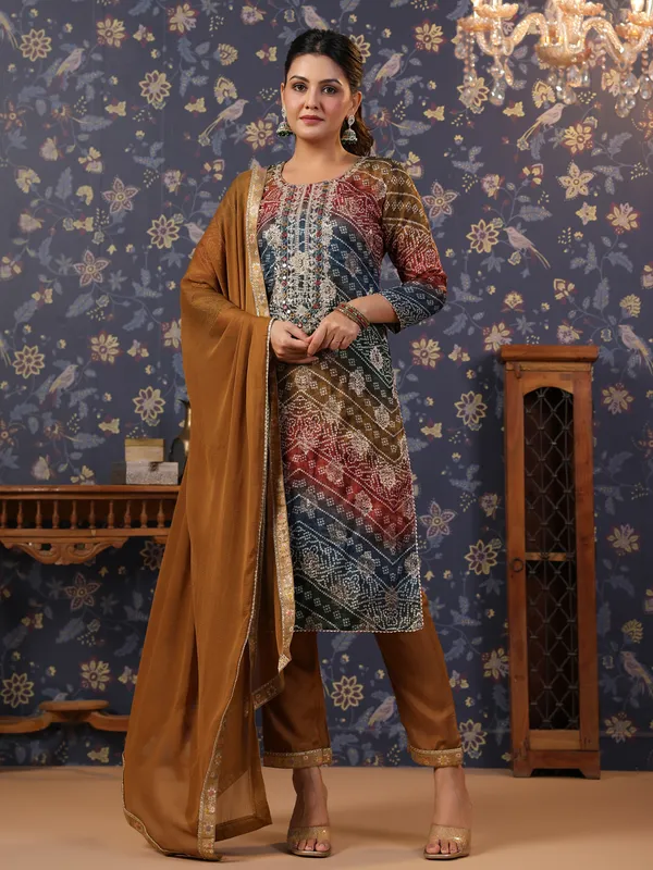 Women_Brown_&_Navy_Blue_Embroidered_Straight_Kurta_and_Palazzos_With_Dupatta