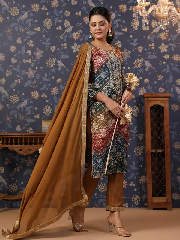 Women_Brown_&_Navy_Blue_Embroidered_Straight_Kurta_and_Palazzos_With_Dupatta