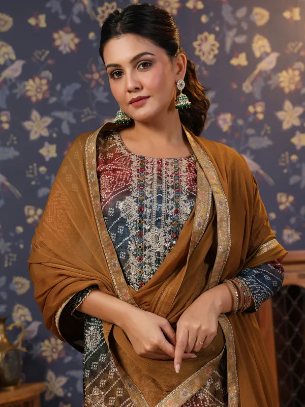 Women_Brown_&_Navy_Blue_Embroidered_Straight_Kurta_and_Palazzos_With_Dupatta