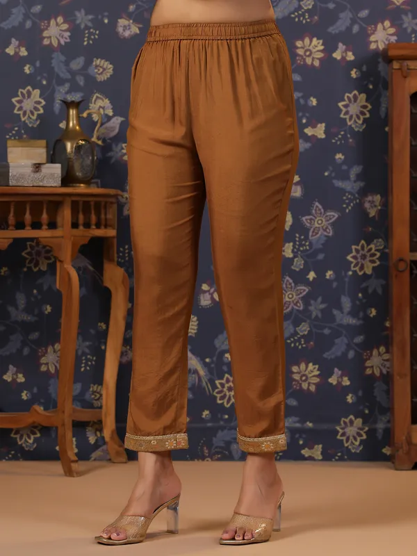 Women_Brown_&_Navy_Blue_Embroidered_Straight_Kurta_and_Palazzos_With_Dupatta