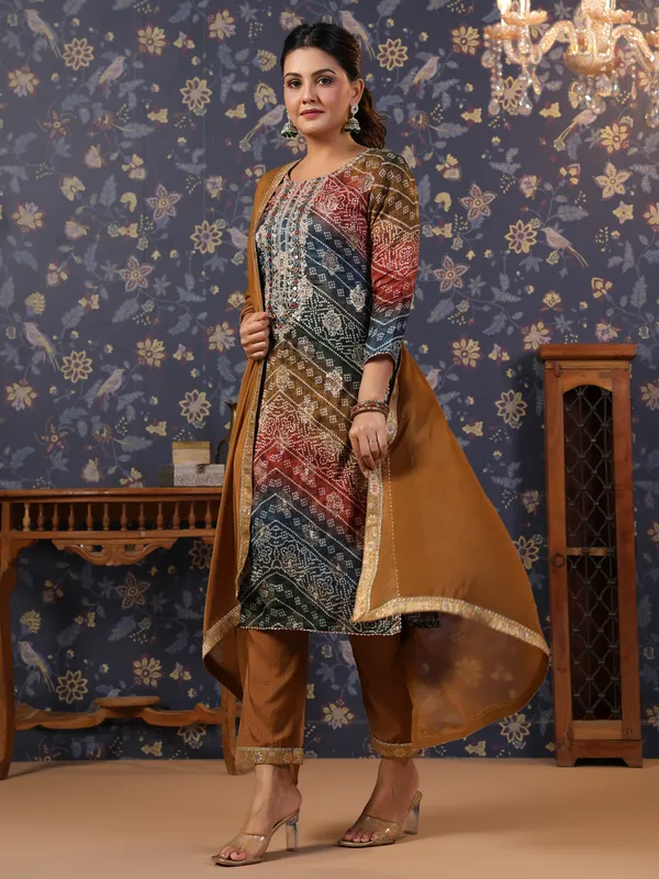 Women_Brown_&_Navy_Blue_Embroidered_Straight_Kurta_and_Palazzos_With_Dupatta