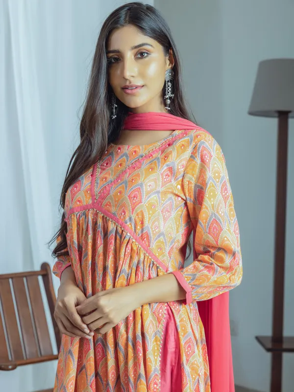 Orange_&_Pink_Ethnic_Printed_Kurta_Trousers_With_Dupatta
