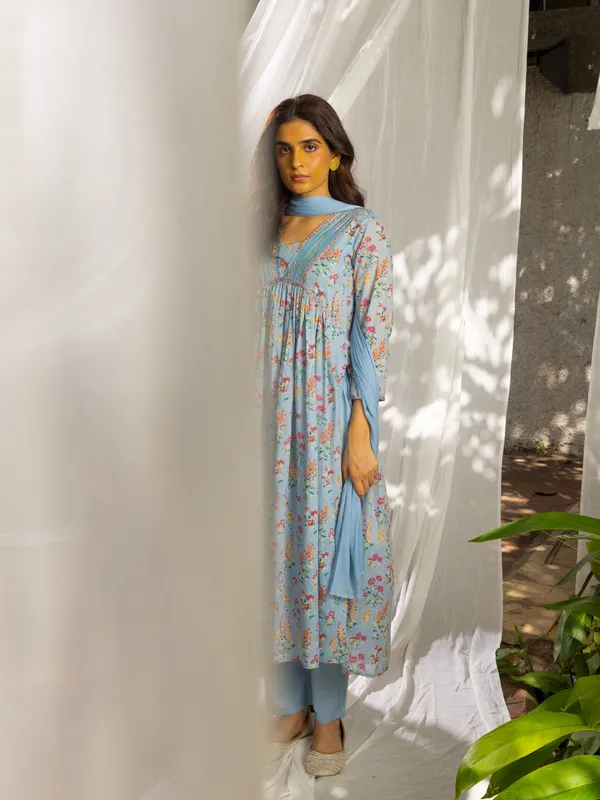 Blue_Floral_Printed_A-Line_Kurta_and_Trousers_With_Dupatta
