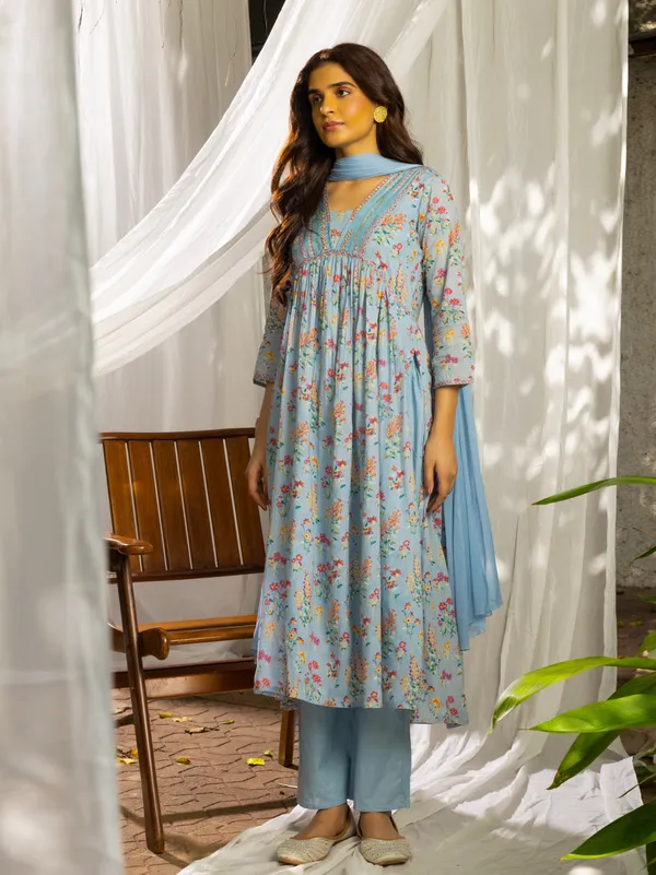 Blue_Floral_Printed_A-Line_Kurta_and_Trousers_With_Dupatta