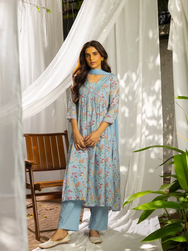 Blue_Floral_Printed_A-Line_Kurta_and_Trousers_With_Dupatta