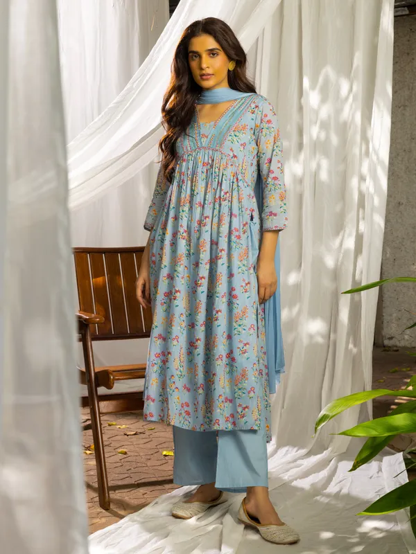 Blue_Floral_Printed_A-Line_Kurta_and_Trousers_With_Dupatta