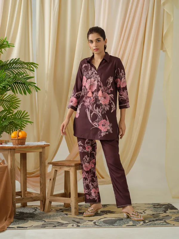 Women__Brown_Floral_Printed_Tunic_and_Trousers