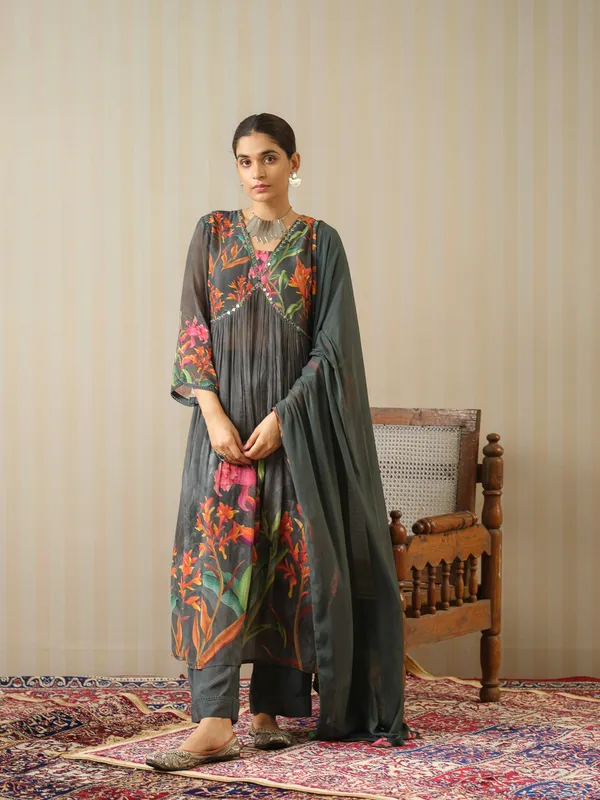 Grey_Printed_Floral_A-Line_Kurta_and_Trousers_With_Dupatta