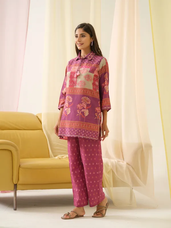 Magenta_Shirt_Collar_Printed_Shirt_Palazzos