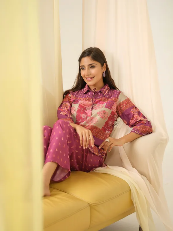 Magenta_Shirt_Collar_Printed_Shirt_Palazzos