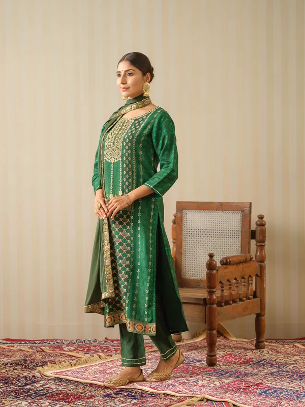 Green_Embroidered_Woven_Design_Straight_Kurta_and_Trousers_With_Dupatta