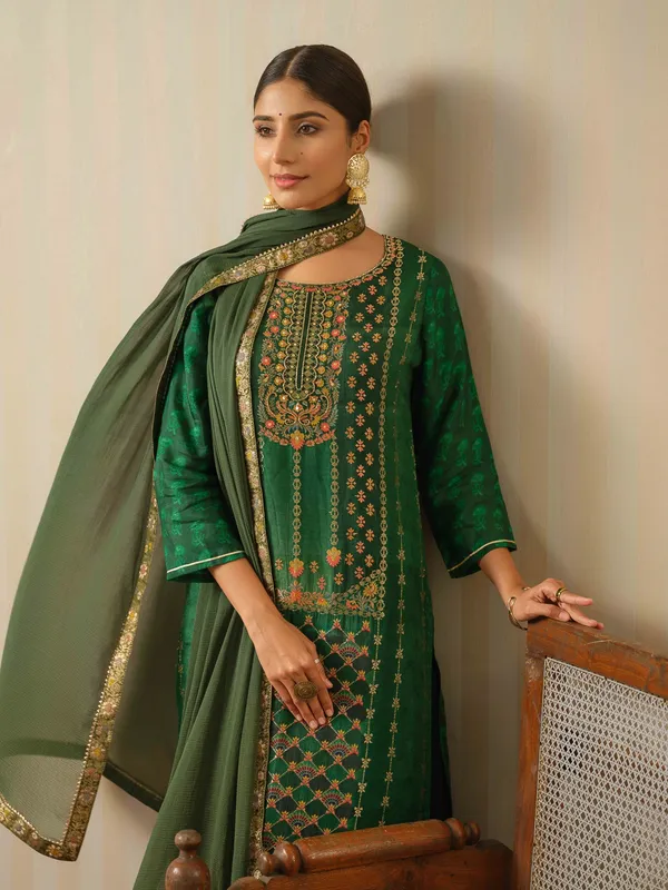 Green_Embroidered_Woven_Design_Straight_Kurta_and_Trousers_With_Dupatta