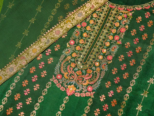 Green_Embroidered_Woven_Design_Straight_Kurta_and_Trousers_With_Dupatta