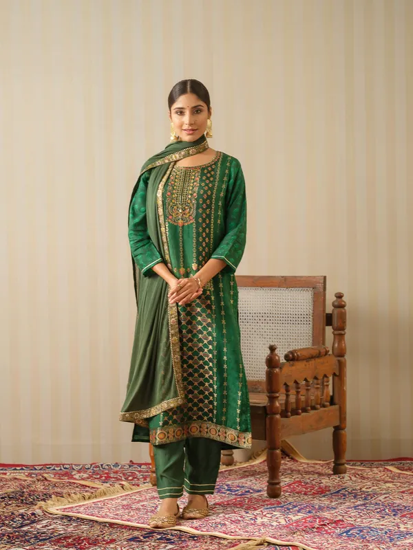 Green_Embroidered_Woven_Design_Straight_Kurta_and_Trousers_With_Dupatta