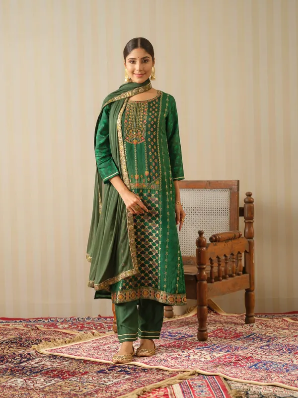 Green_Embroidered_Woven_Design_Straight_Kurta_and_Trousers_With_Dupatta