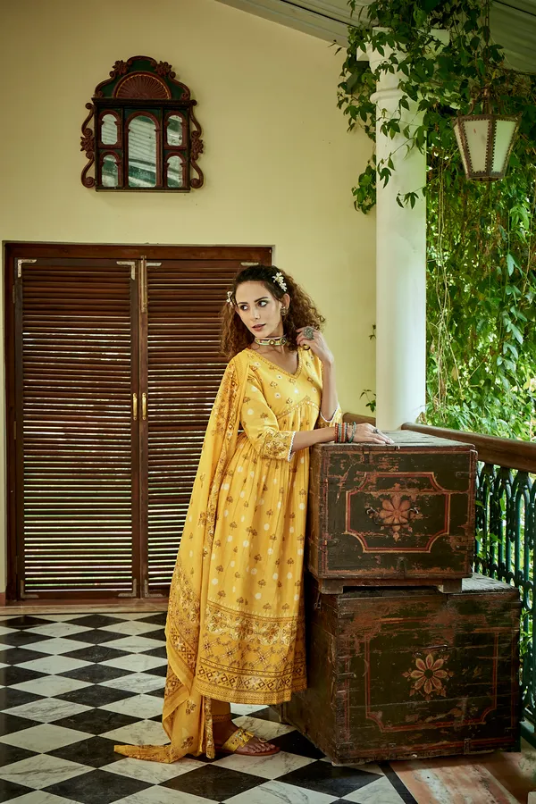 Yellow_Floral_Printed_A-Line_Kurta_and_Trousers_With_Dupatta