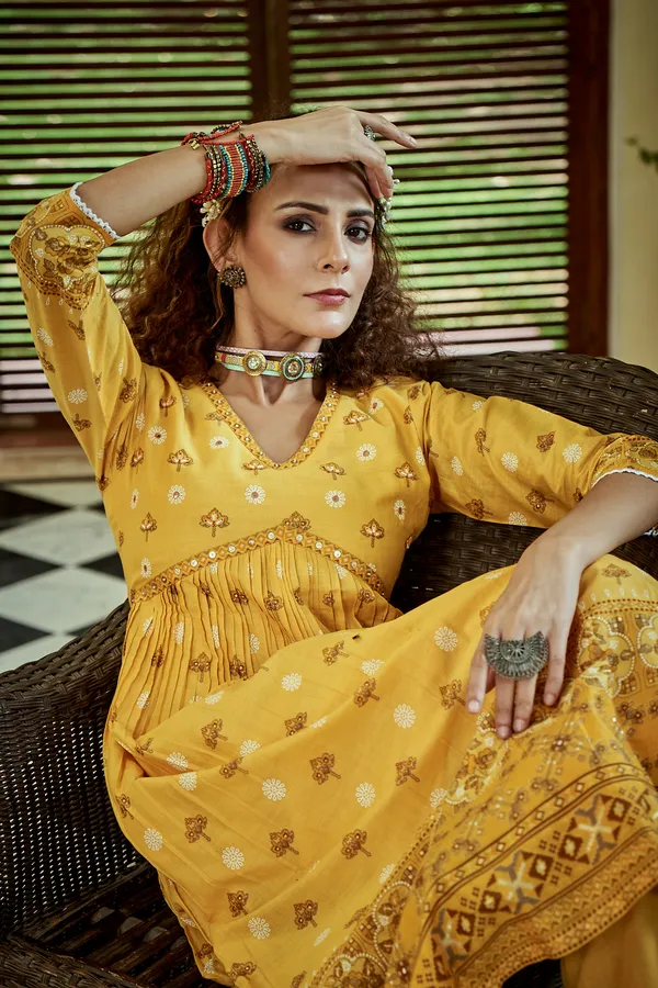 Yellow_Floral_Printed_A-Line_Kurta_and_Trousers_With_Dupatta