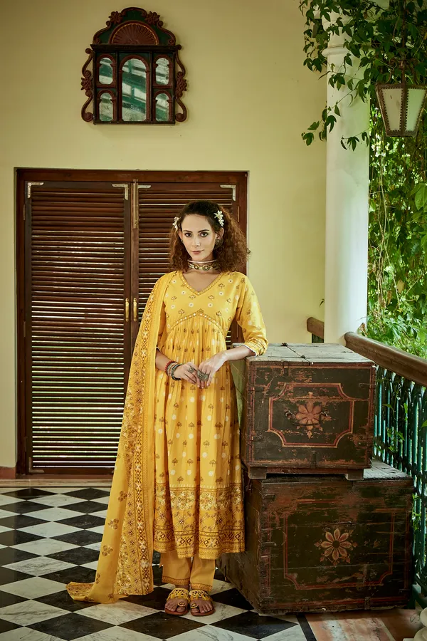 Yellow_Floral_Printed_A-Line_Kurta_and_Trousers_With_Dupatta