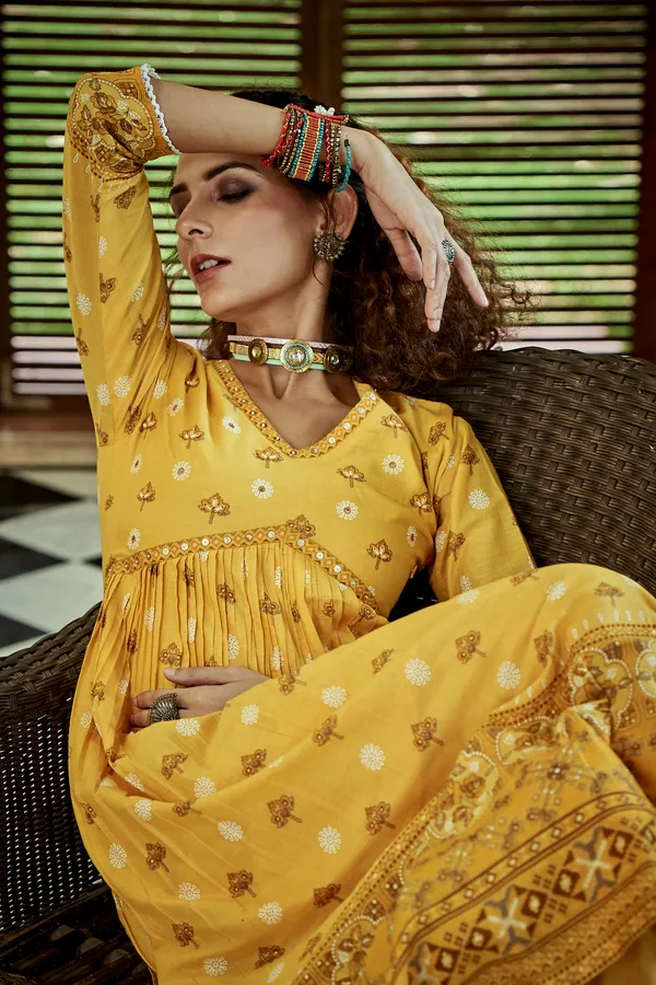 Yellow_Floral_Printed_A-Line_Kurta_and_Trousers_With_Dupatta