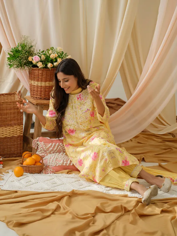 Mustard_Floral_Printed_Straight_Kurta_and_Salwar_With_Dupatta