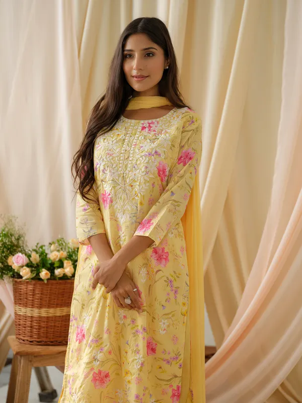 Mustard_Floral_Printed_Straight_Kurta_and_Salwar_With_Dupatta