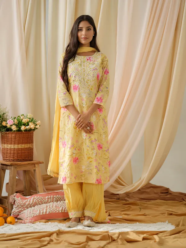 Mustard_Floral_Printed_Straight_Kurta_and_Salwar_With_Dupatta
