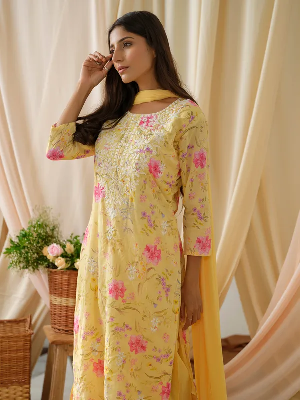 Mustard_Floral_Printed_Straight_Kurta_and_Salwar_With_Dupatta