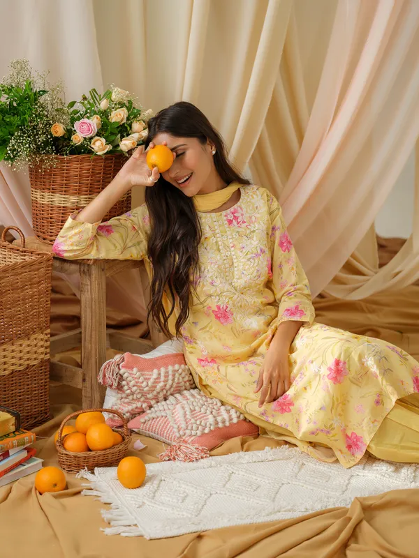Mustard_Floral_Printed_Straight_Kurta_and_Salwar_With_Dupatta