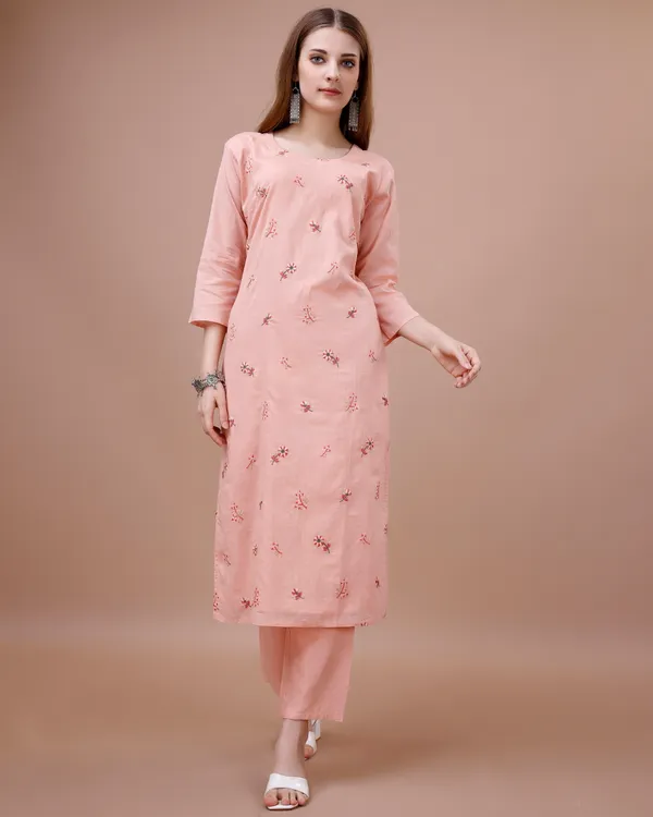 PeachFloral_Embroidered_A-Line_Kurta_Kurta_and_Trousers