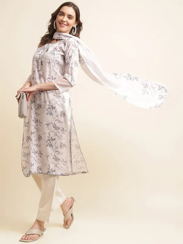 White_Floral_Printed_Regular_Sequinned_Linen_Kurta_with_Trousers_&_Dupatta