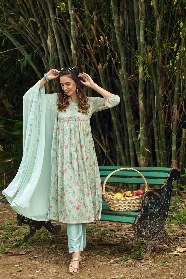 Green_Floral_Printed_A-Line_Kurta_and_Trousers_With_Dupatta