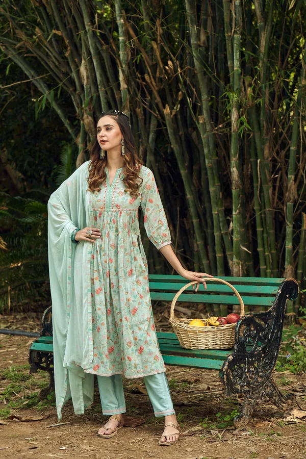 Green_Floral_Printed_A-Line_Kurta_and_Trousers_With_Dupatta