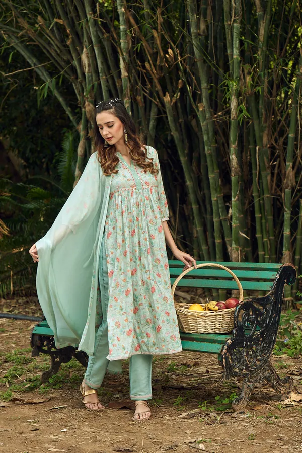 Green_Floral_Printed_A-Line_Kurta_and_Trousers_With_Dupatta