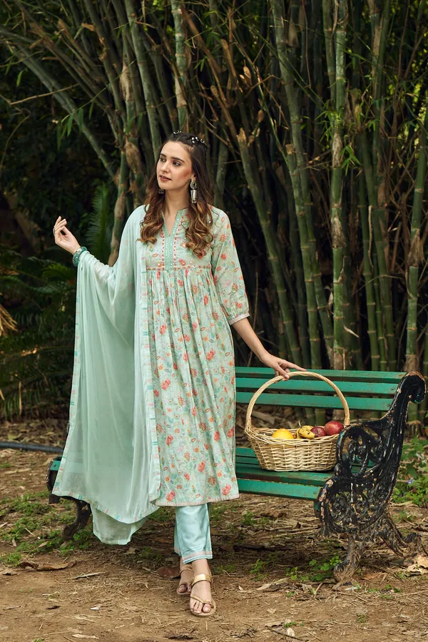 Green_Floral_Printed_A-Line_Kurta_and_Trousers_With_Dupatta