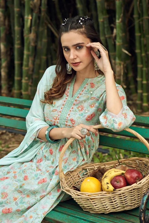 Green_Floral_Printed_A-Line_Kurta_and_Trousers_With_Dupatta