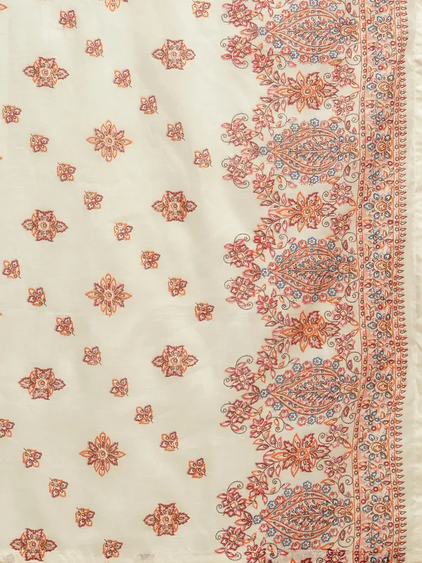 White_&_Orange_Floral_Printed_A-Line_Kurta_and_Trousers_With_Dupatta