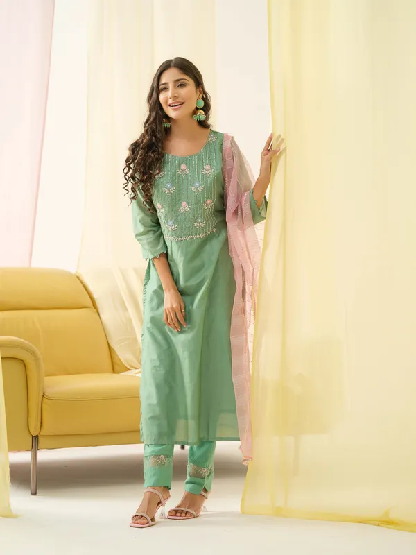 Sea_Green_Embroidered_Woven_Design_Straight_Kurta_and_Trousers_With_Dupatta