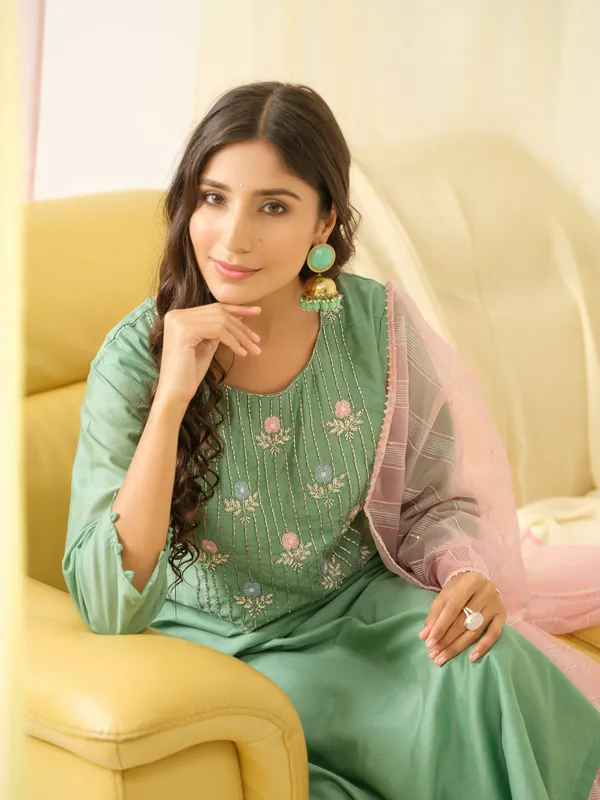 Sea_Green_Embroidered_Woven_Design_Straight_Kurta_and_Trousers_With_Dupatta