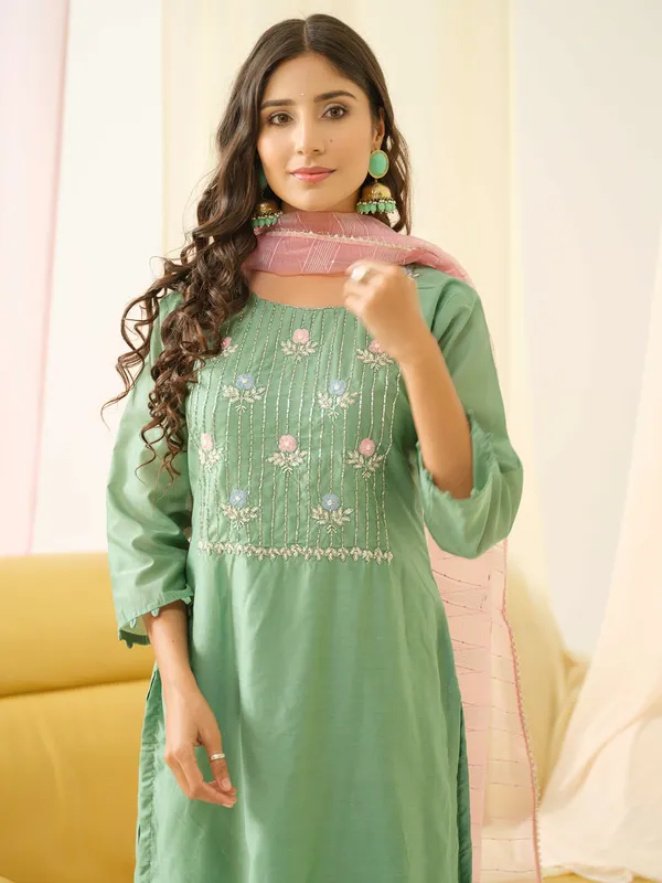 Sea_Green_Embroidered_Woven_Design_Straight_Kurta_and_Trousers_With_Dupatta