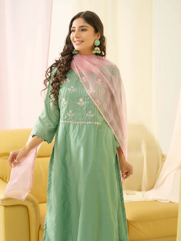 Sea_Green_Embroidered_Woven_Design_Straight_Kurta_and_Trousers_With_Dupatta
