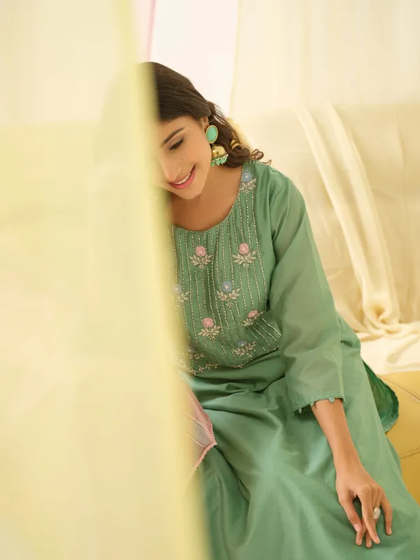 Sea_Green_Embroidered_Woven_Design_Straight_Kurta_and_Trousers_With_Dupatta
